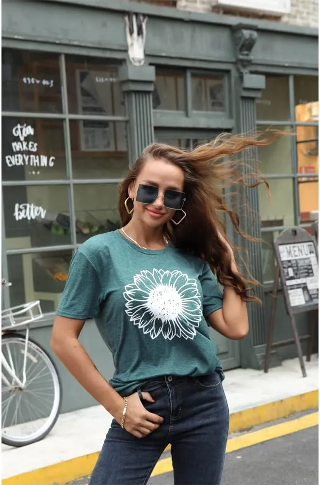 Women's Summer Sunflower T Shirt Cute Flower Graphic Loose Tees Crew Neck Short Sleeve Casual Tops