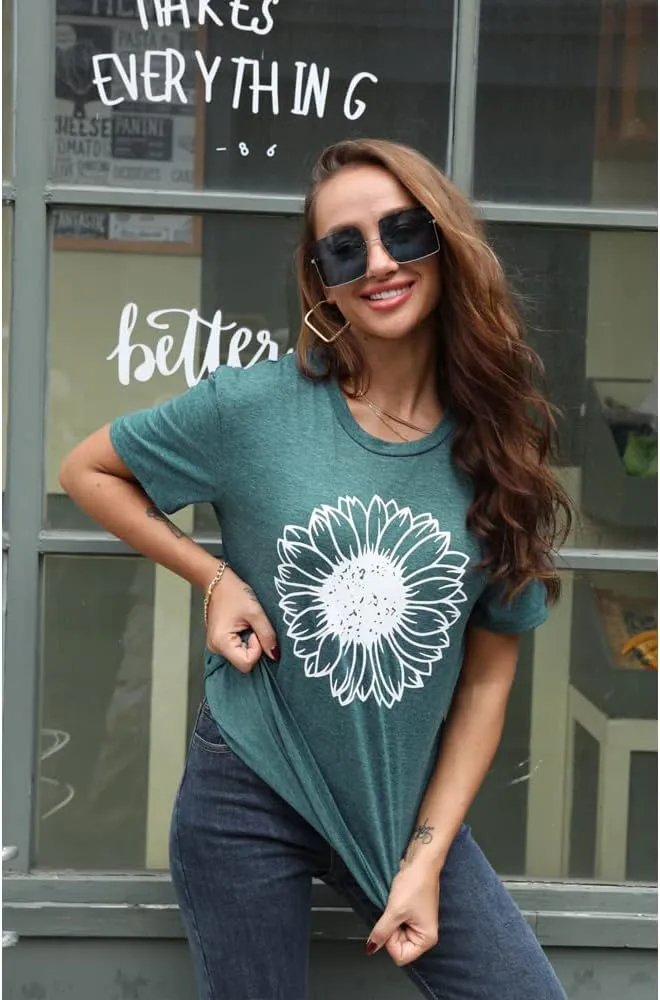Women's Summer Sunflower T Shirt Cute Flower Graphic Loose Tees Crew Neck Short Sleeve Casual Tops