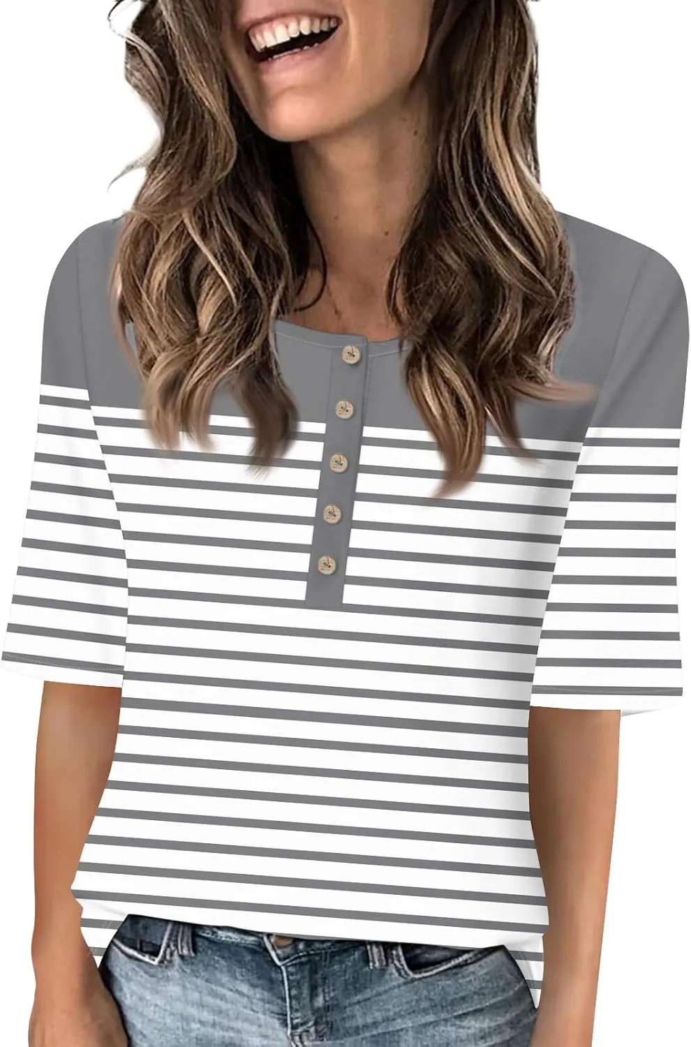 Womens Summer Tops Elbow Sleeve Tops Women Button Down T Shirts Scoop Neck Striped Floral Blouses Dressy Casual