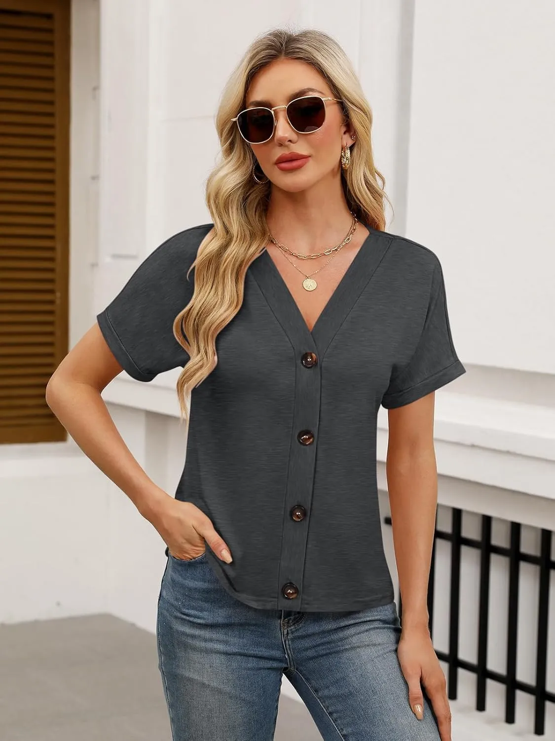 Womens Summer Tops Short Sleeve Button Down Shirts Casual V Neck T Shirts Trendy Tunic Tops