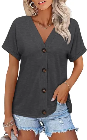 Womens Summer Tops Short Sleeve Button Down Shirts Casual V Neck T Shirts Trendy Tunic Tops
