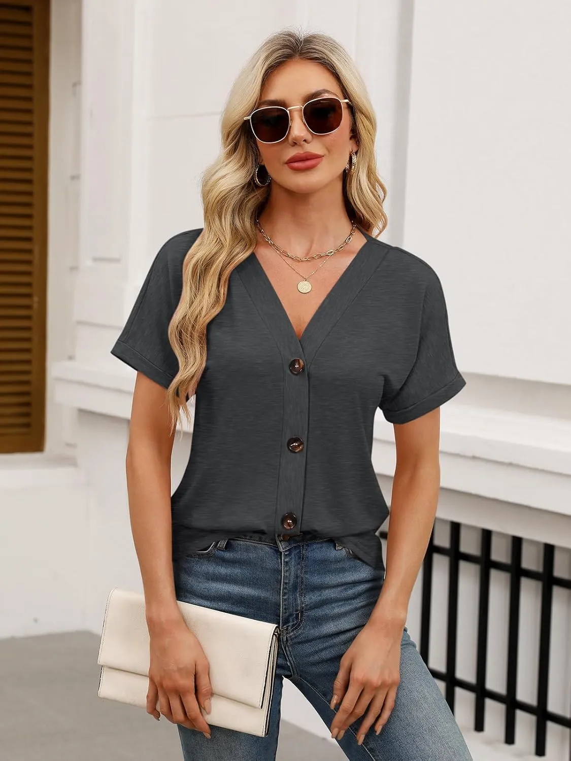 Womens Summer Tops Short Sleeve Button Down Shirts Casual V Neck T Shirts Trendy Tunic Tops