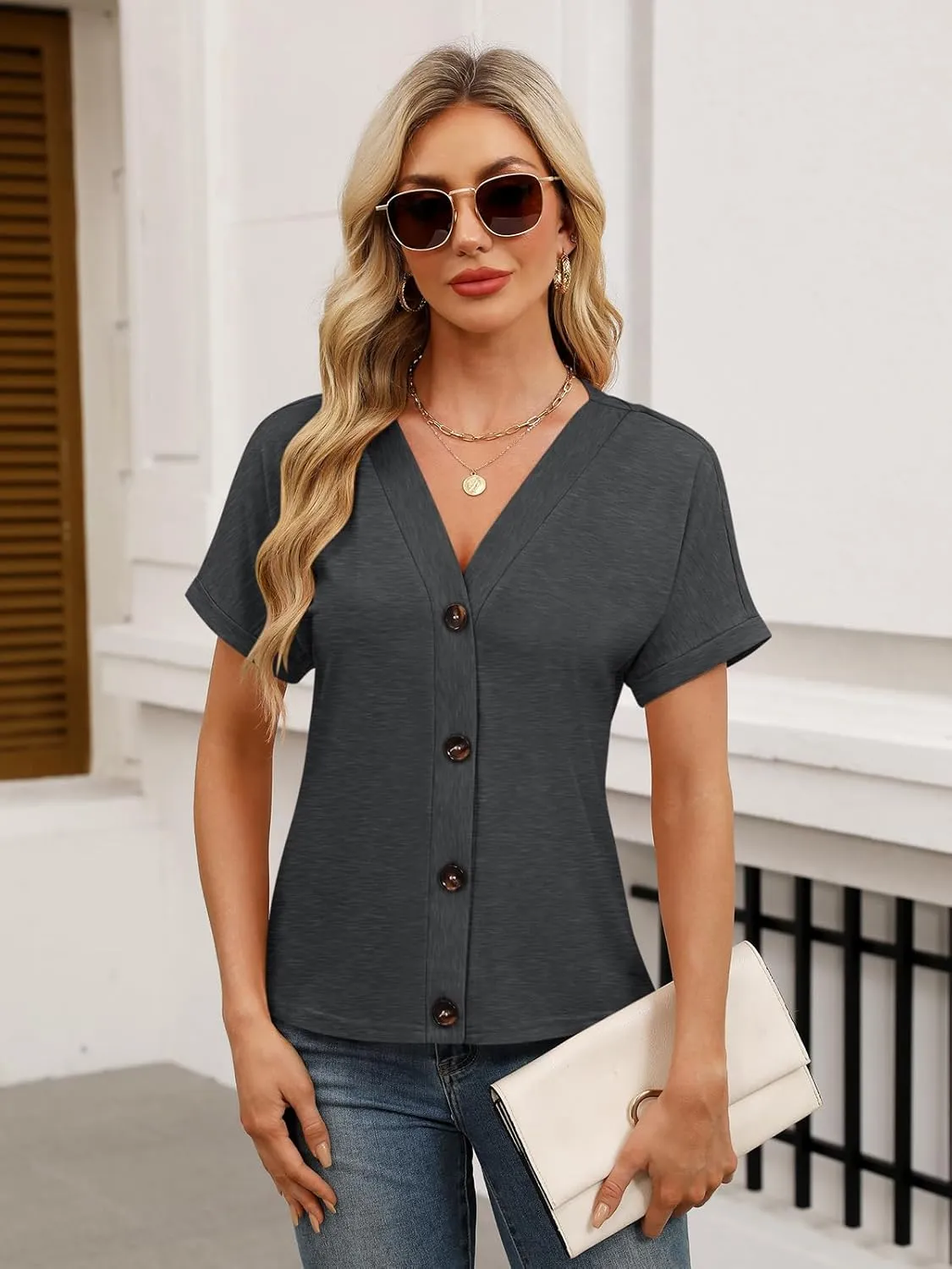 Womens Summer Tops Short Sleeve Button Down Shirts Casual V Neck T Shirts Trendy Tunic Tops