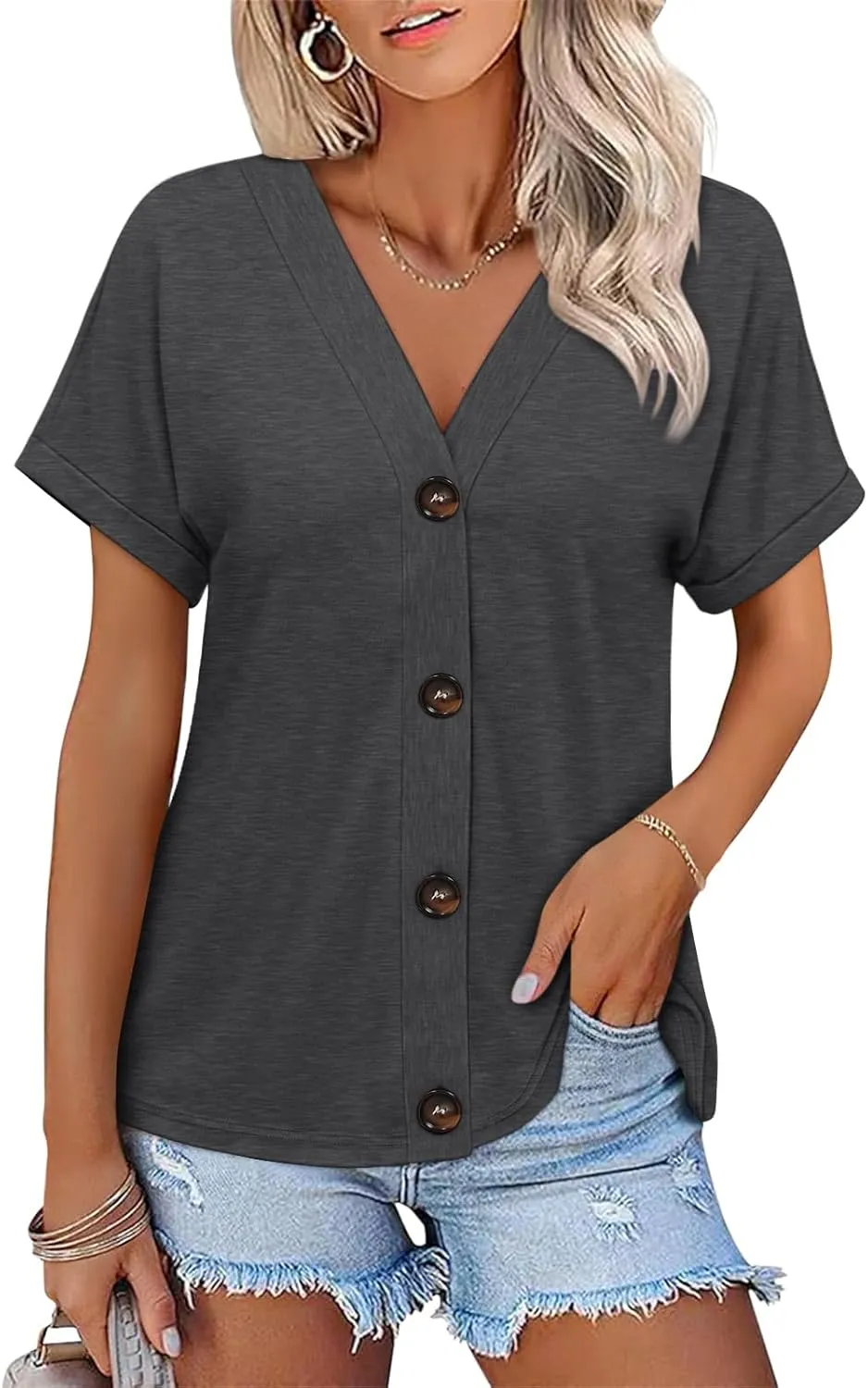 Womens Summer Tops Short Sleeve Button Down Shirts Casual V Neck T Shirts Trendy Tunic Tops