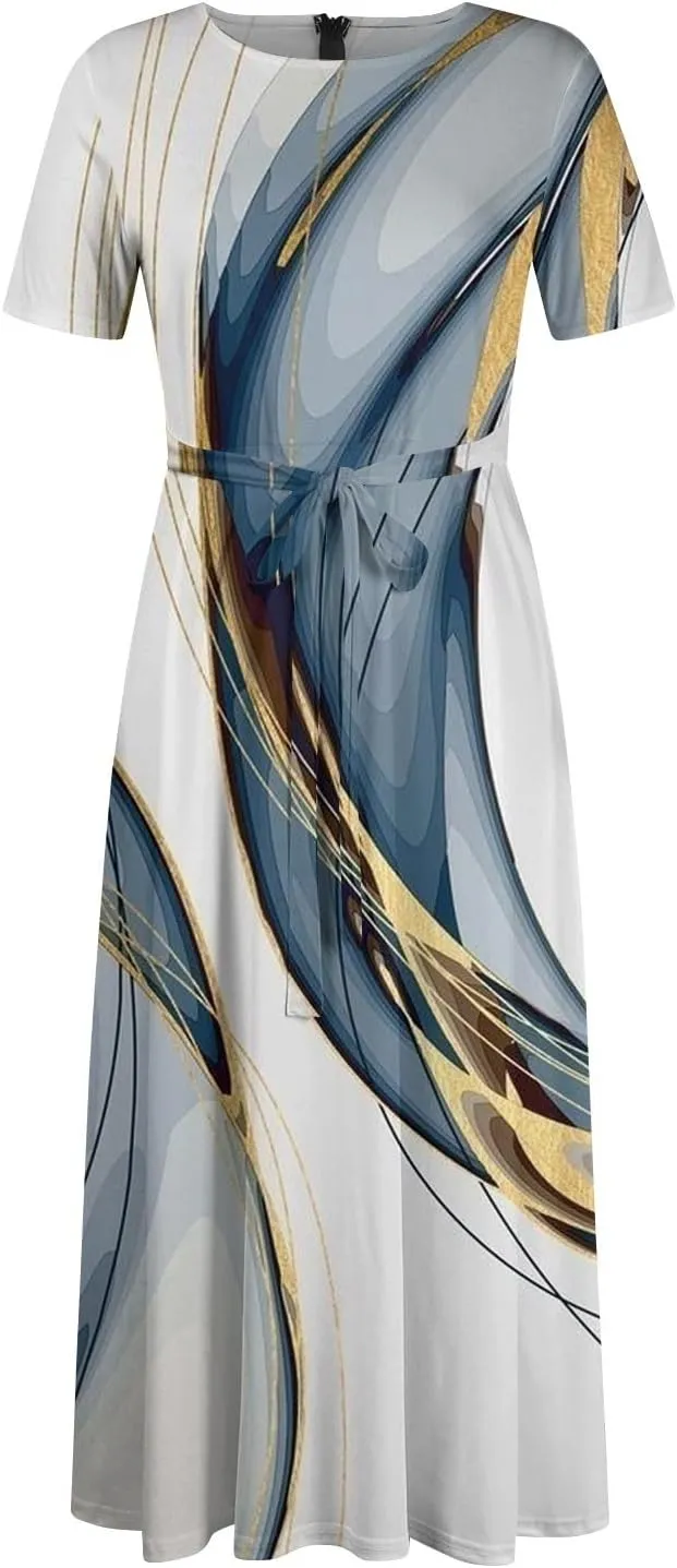 Women's Sun Dresses 2025 Vacation Summer Casual Loose Trendy Short Sleeve Floral Print Solid Flowy Maxi Dress Plus Size