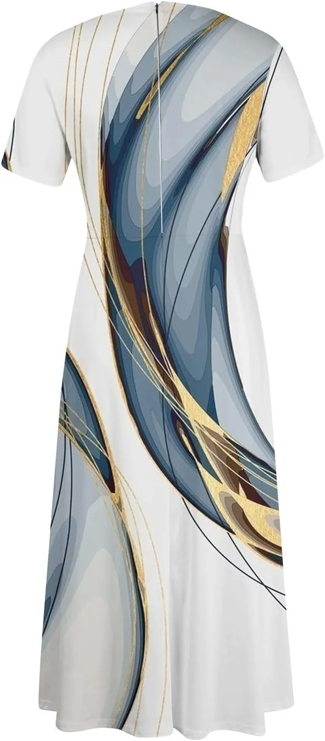 Women's Sun Dresses 2025 Vacation Summer Casual Loose Trendy Short Sleeve Floral Print Solid Flowy Maxi Dress Plus Size
