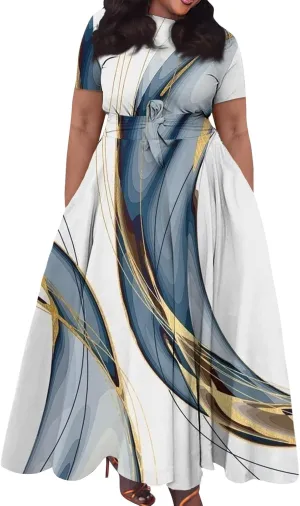 Women's Sun Dresses 2025 Vacation Summer Casual Loose Trendy Short Sleeve Floral Print Solid Flowy Maxi Dress Plus Size