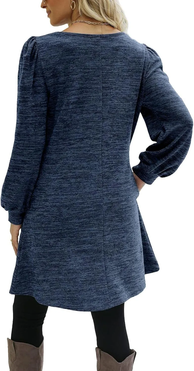 Womens Sweater Dresses 2024 Trendy Crewneck Solid Color Button Long Sleeve Casual Loose Dress Fall Outfits with Pockets