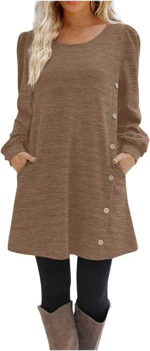 Womens Sweater Dresses 2024 Trendy Crewneck Solid Color Button Long Sleeve Casual Loose Dress Fall Outfits with Pockets