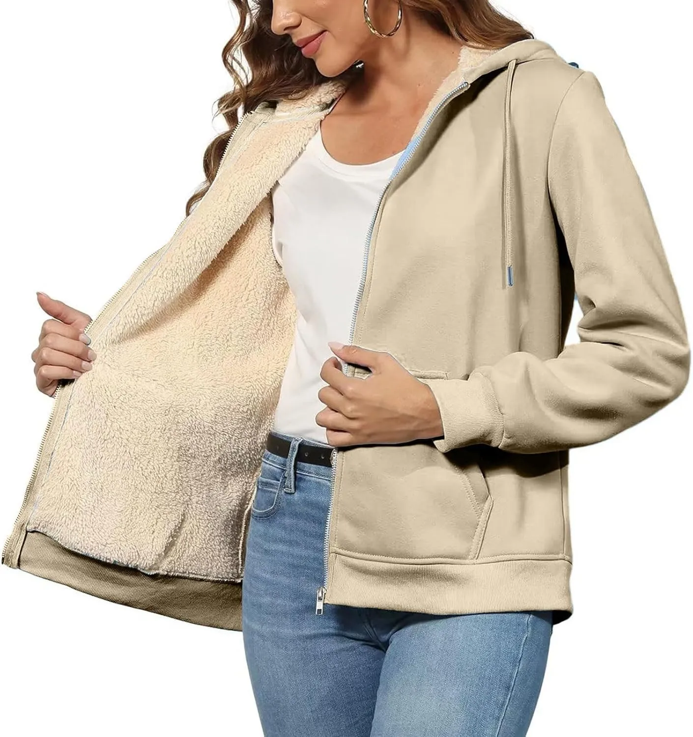 Womens Thick Wool Zip Up Hoodies Long Sleeve Sweatshirts Winter Fall Outfits Oversized Sweaters Casual
