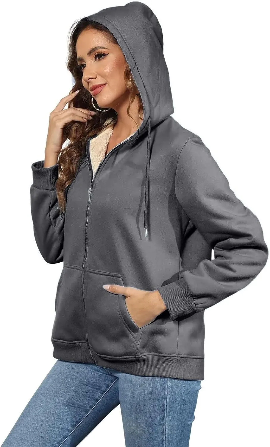 Womens Thick Wool Zip Up Hoodies Long Sleeve Sweatshirts Winter Fall Outfits Oversized Sweaters Casual