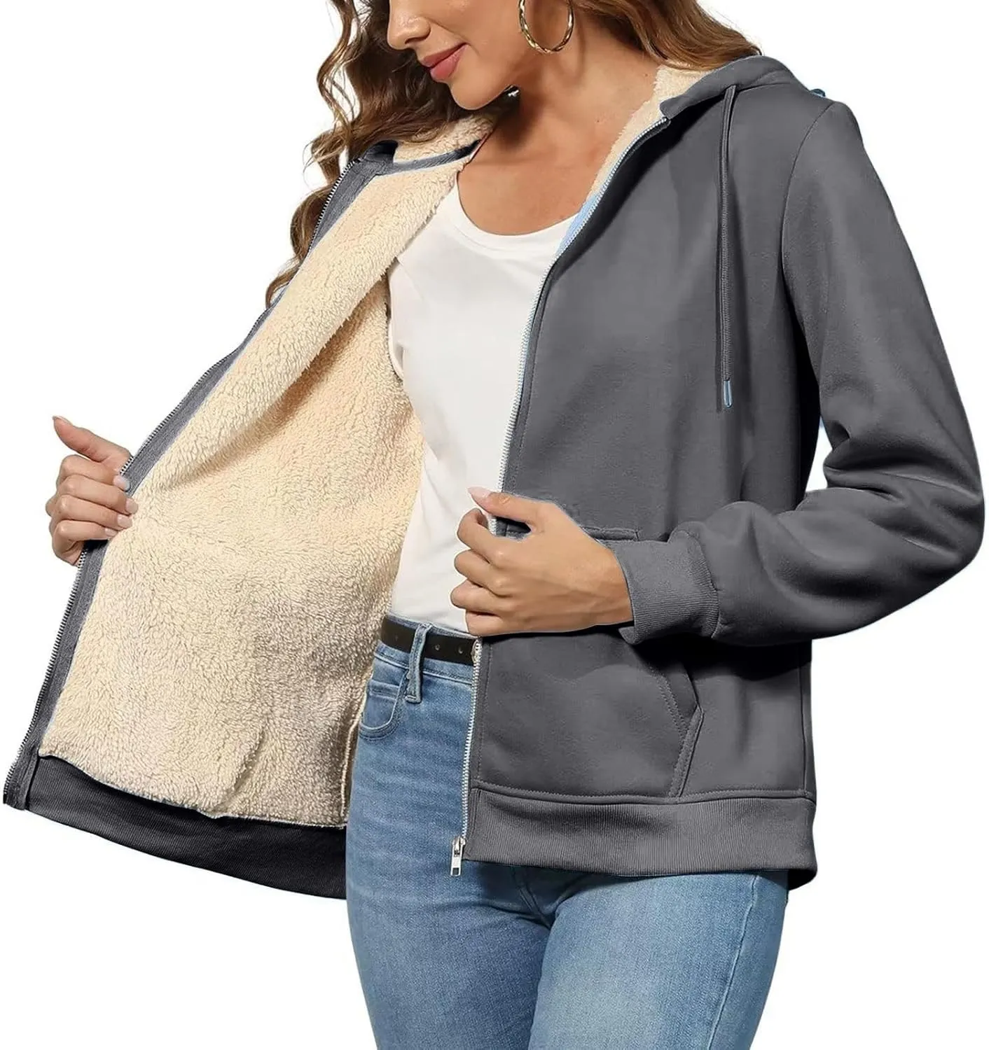 Womens Thick Wool Zip Up Hoodies Long Sleeve Sweatshirts Winter Fall Outfits Oversized Sweaters Casual