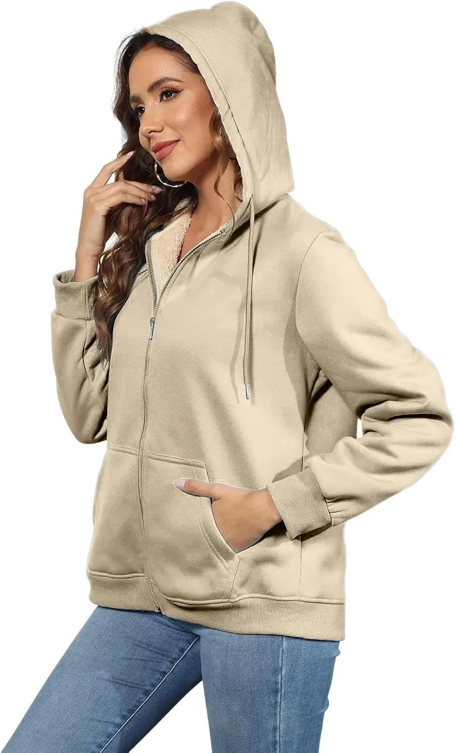 Womens Thick Wool Zip Up Hoodies Long Sleeve Sweatshirts Winter Fall Outfits Oversized Sweaters Casual