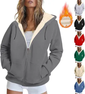 Womens Thick Wool Zip Up Hoodies Long Sleeve Sweatshirts Winter Fall Outfits Oversized Sweaters Casual