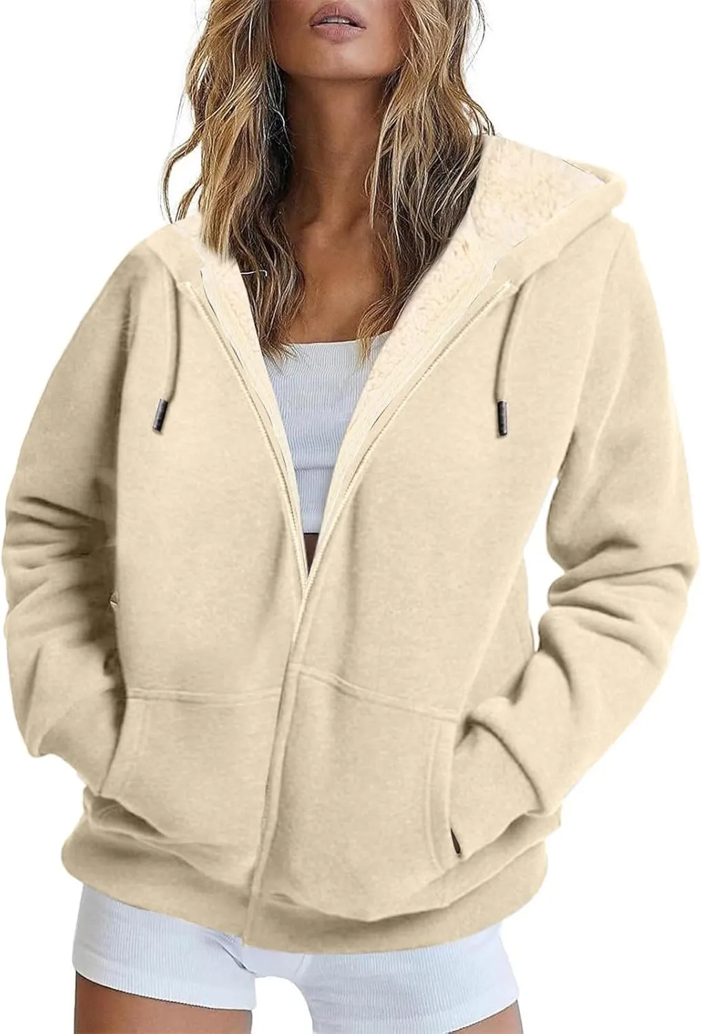Womens Thick Wool Zip Up Hoodies Long Sleeve Sweatshirts Winter Fall Outfits Oversized Sweaters Casual