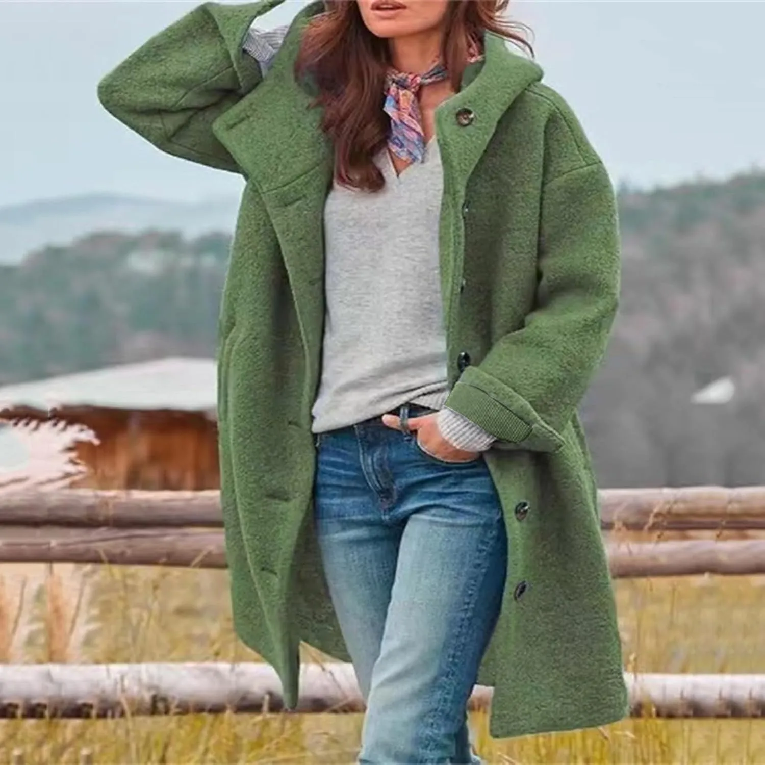 Women's Thicken Wool Blend Oversized Hoodeed Trench Coats Stand Collar Single Breasted Pea Coat Plus Size Overcoat