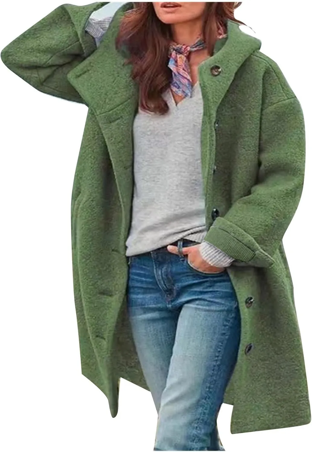 Women's Thicken Wool Blend Oversized Hoodeed Trench Coats Stand Collar Single Breasted Pea Coat Plus Size Overcoat