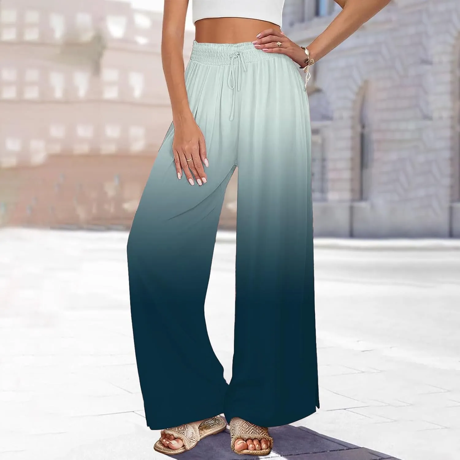 Womens Tie-dye Print Wide Leg Palazzo Pants Drawstring Elastic High Waist Pant Lounge Flowy Summer Beach Trousers