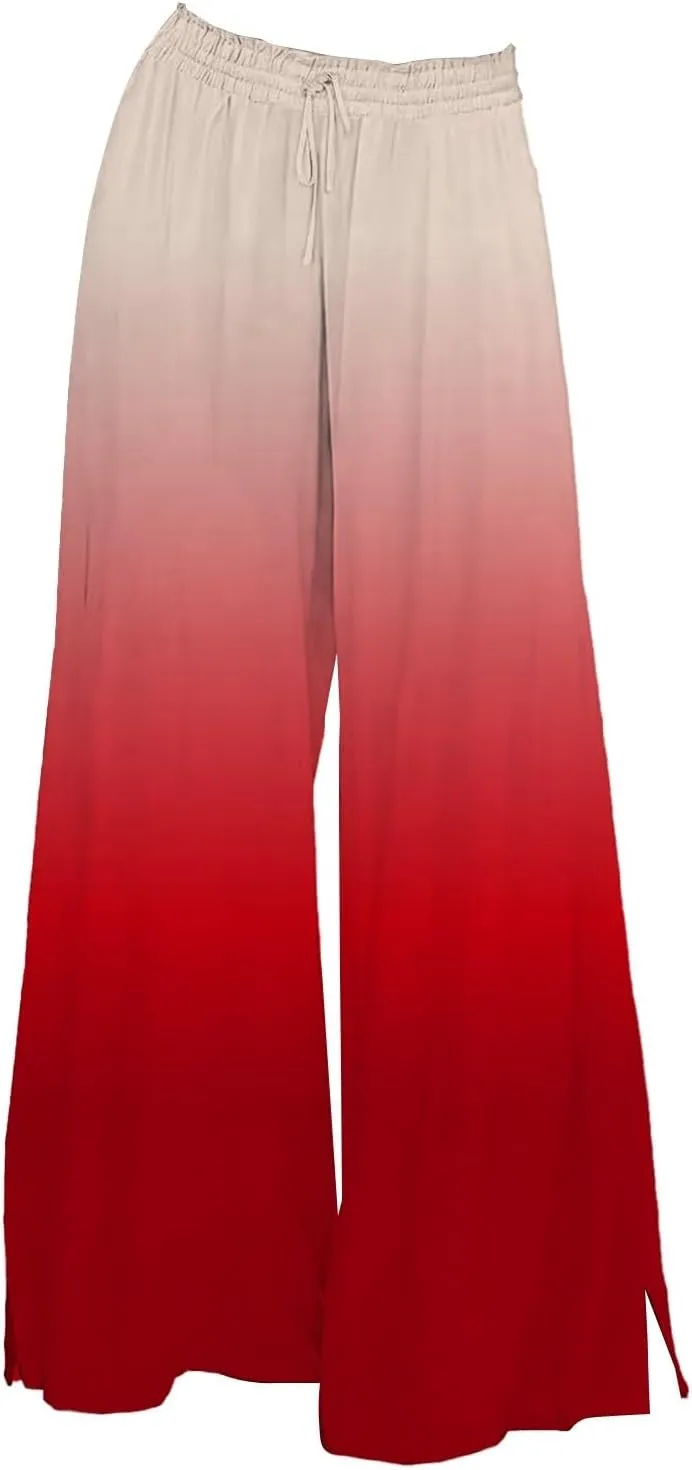 Womens Tie-dye Print Wide Leg Palazzo Pants Drawstring Elastic High Waist Pant Lounge Flowy Summer Beach Trousers