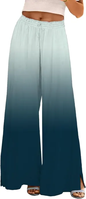 Womens Tie-dye Print Wide Leg Palazzo Pants Drawstring Elastic High Waist Pant Lounge Flowy Summer Beach Trousers