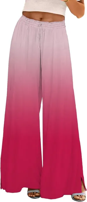 Womens Tie-dye Print Wide Leg Palazzo Pants Drawstring Elastic High Waist Pant Lounge Flowy Summer Beach Trousers