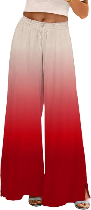 Womens Tie-dye Print Wide Leg Palazzo Pants Drawstring Elastic High Waist Pant Lounge Flowy Summer Beach Trousers