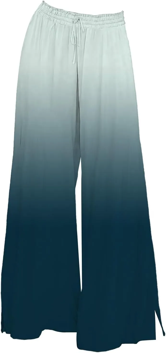 Womens Tie-dye Print Wide Leg Palazzo Pants Drawstring Elastic High Waist Pant Lounge Flowy Summer Beach Trousers