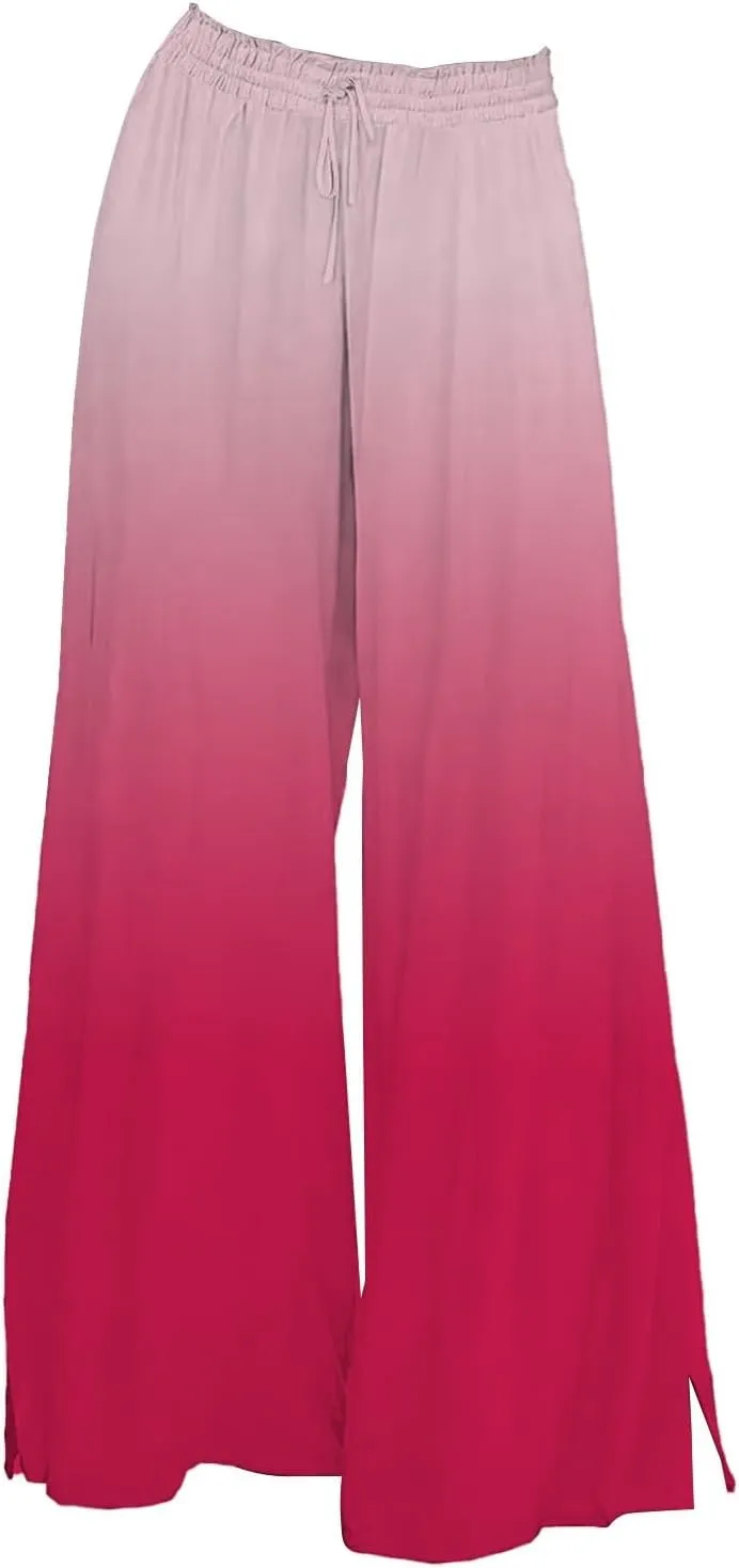 Womens Tie-dye Print Wide Leg Palazzo Pants Drawstring Elastic High Waist Pant Lounge Flowy Summer Beach Trousers