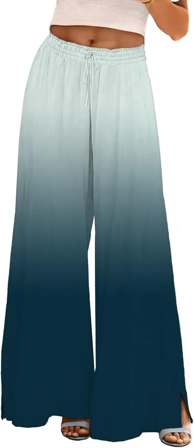 Womens Tie-dye Print Wide Leg Palazzo Pants Drawstring Elastic High Waist Pant Lounge Flowy Summer Beach Trousers