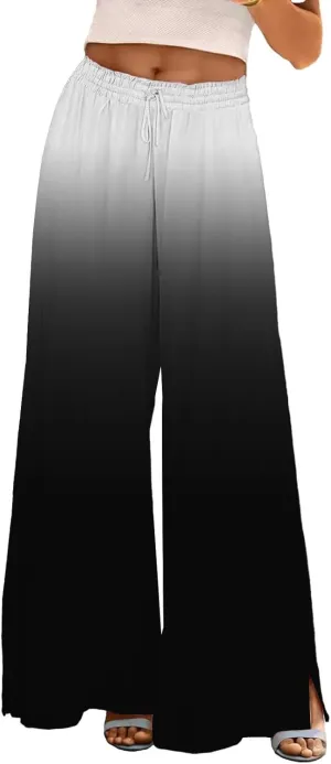 Womens Tie-dye Print Wide Leg Palazzo Pants Drawstring Elastic High Waist Pant Lounge Flowy Summer Beach Trousers