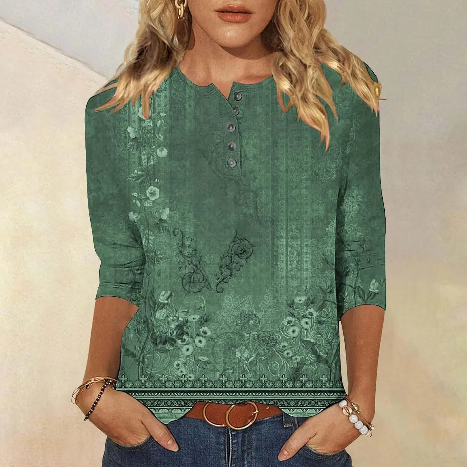 Womens Tops Casual 3/4 Sleeve Shirts Button Down V Neck Tunic Tshirts Summer Vintage Floral Print Henley Blouses Tee