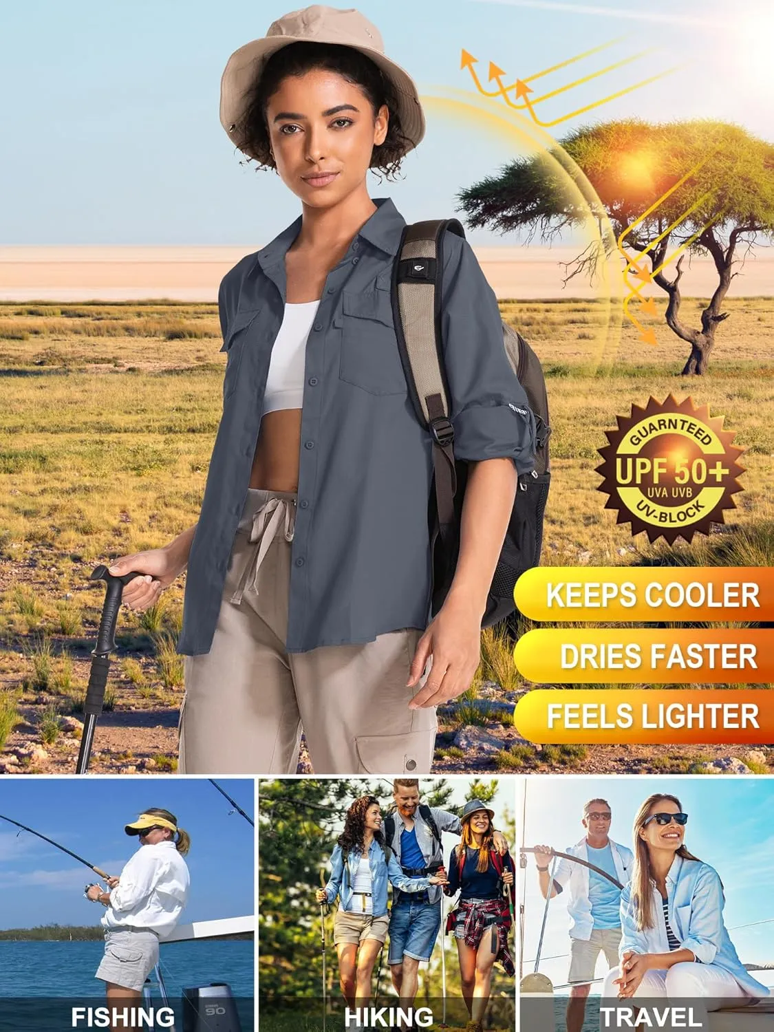 Women's UPF 50 UV Sun Protection Long Sleeve Safari Shirts Quick Dry Hiking Travel Fishing Outdoor Cool Shirts