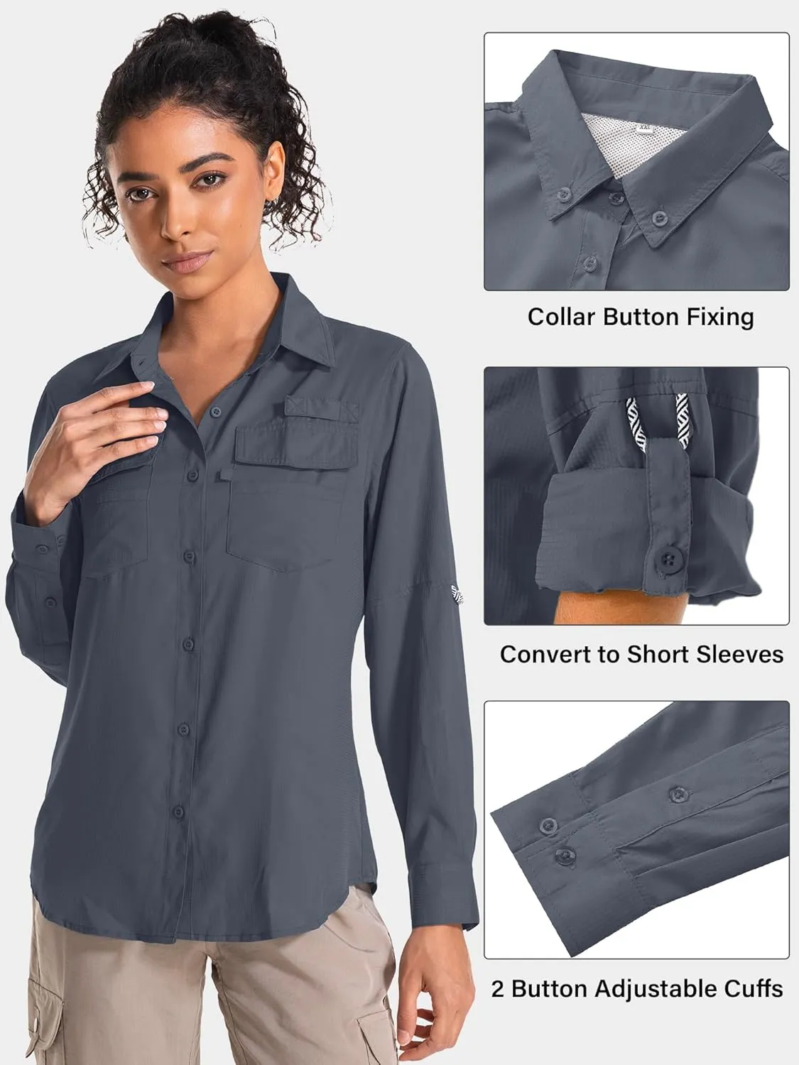 Women's UPF 50 UV Sun Protection Long Sleeve Safari Shirts Quick Dry Hiking Travel Fishing Outdoor Cool Shirts