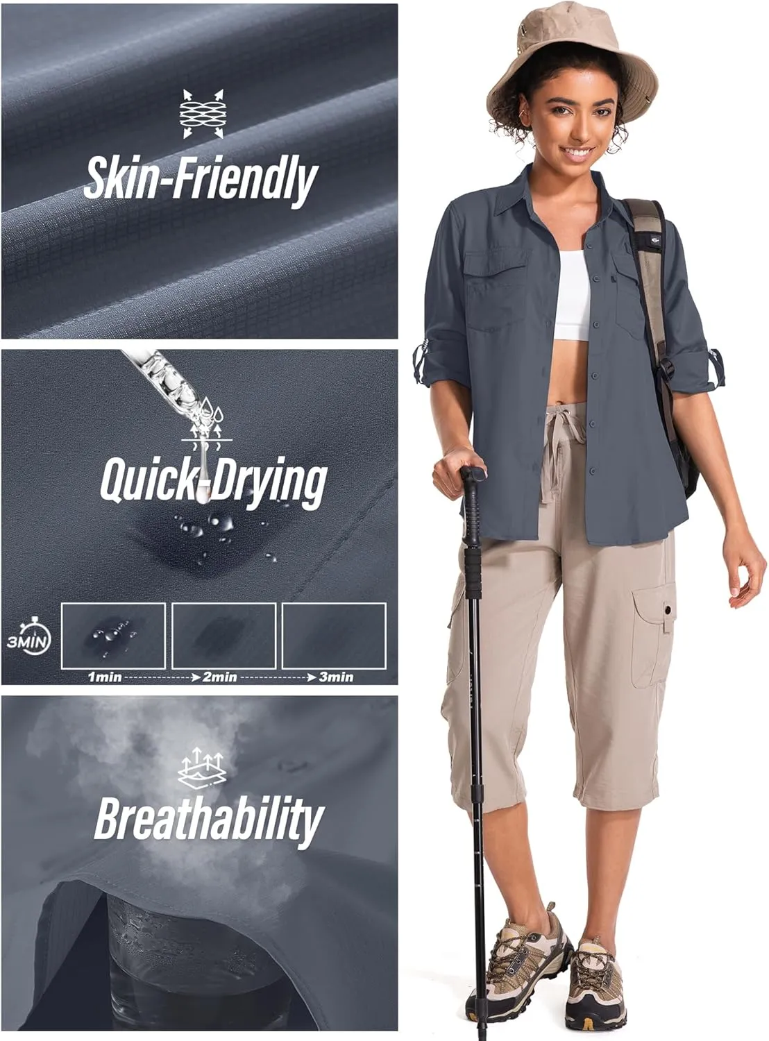 Women's UPF 50 UV Sun Protection Long Sleeve Safari Shirts Quick Dry Hiking Travel Fishing Outdoor Cool Shirts