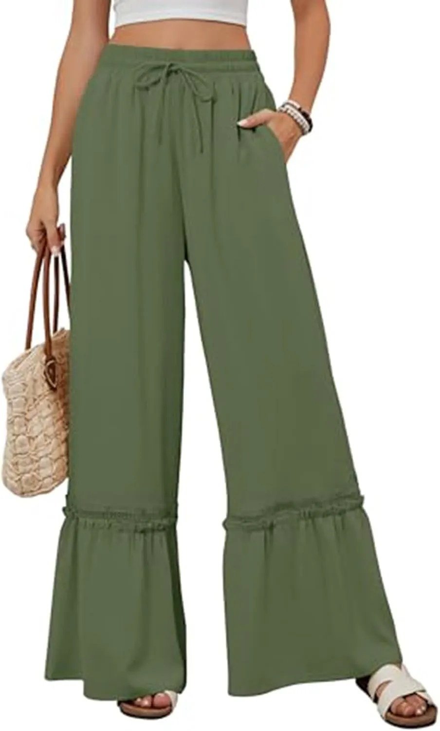 Womens Wide Leg Pants Solid Pleated Drawstring Elastic High Waist Pant Summer Casual Trousers with Pockets