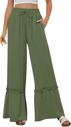 Womens Wide Leg Pants Solid Pleated Drawstring Elastic High Waist Pant Summer Casual Trousers with Pockets