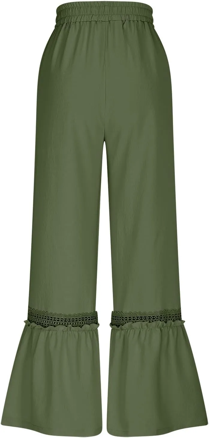Womens Wide Leg Pants Solid Pleated Drawstring Elastic High Waist Pant Summer Casual Trousers with Pockets