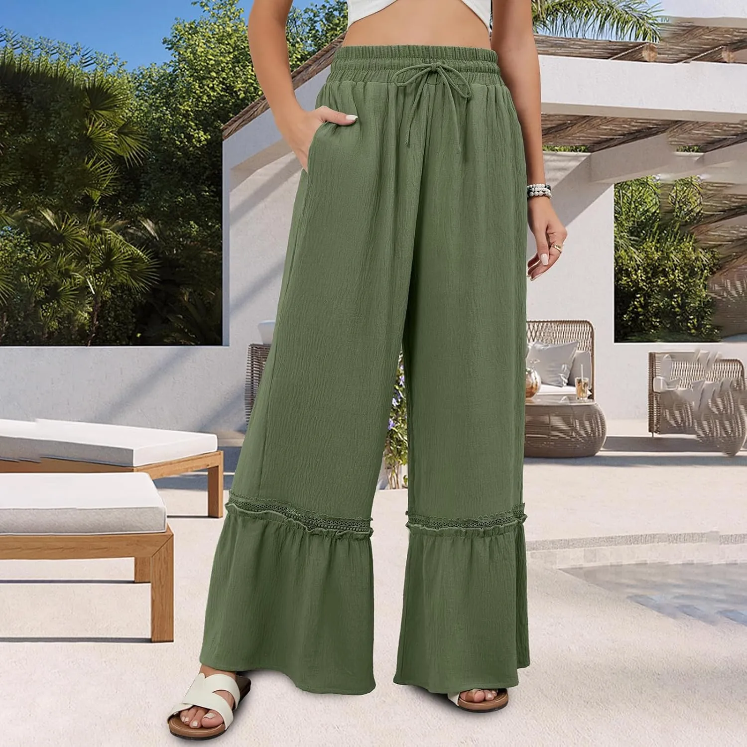 Womens Wide Leg Pants Solid Pleated Drawstring Elastic High Waist Pant Summer Casual Trousers with Pockets