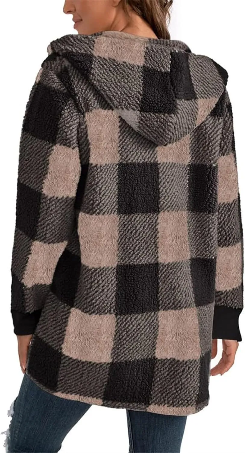 Women's Winter Fuzzy Fleece Fashion Jacket Plaid Sherpa Hooded Cardigan Outerwear Open Front Coat