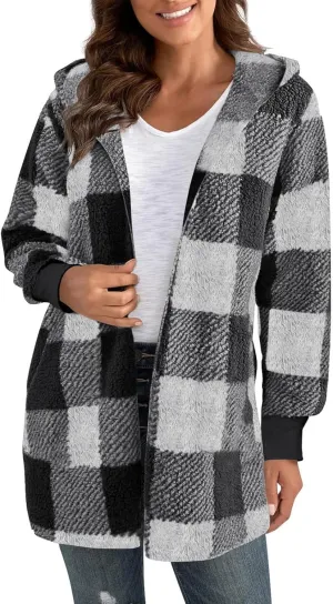 Women's Winter Fuzzy Fleece Fashion Jacket Plaid Sherpa Hooded Cardigan Outerwear Open Front Coat
