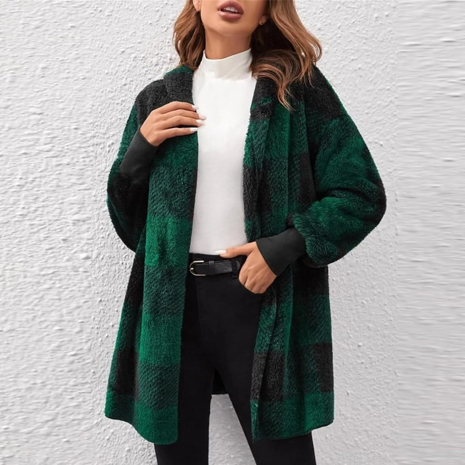 Women's Winter Fuzzy Fleece Fashion Jacket Plaid Sherpa Hooded Cardigan Outerwear Open Front Coat