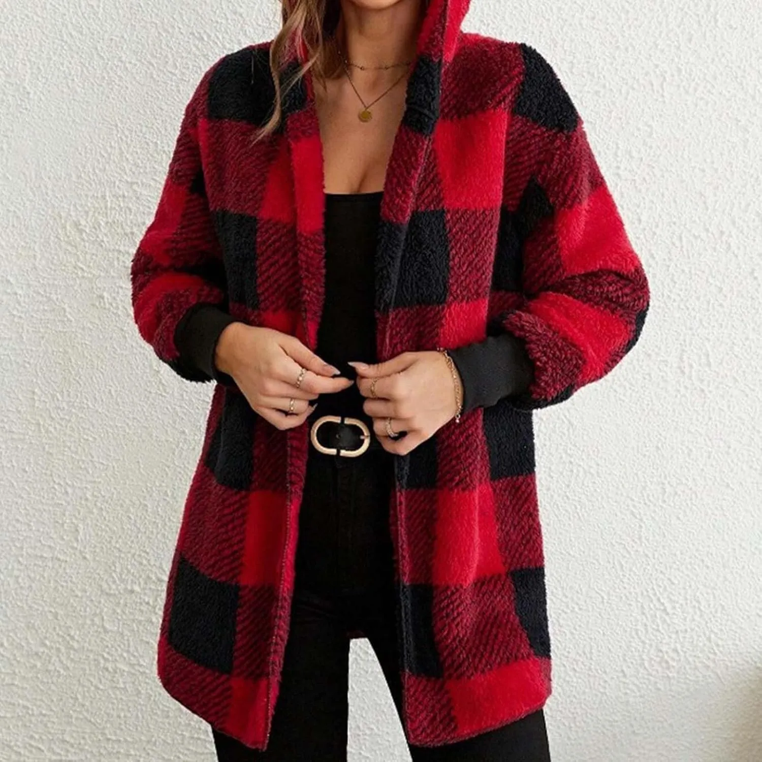 Women's Winter Fuzzy Fleece Fashion Jacket Plaid Sherpa Hooded Cardigan Outerwear Open Front Coat