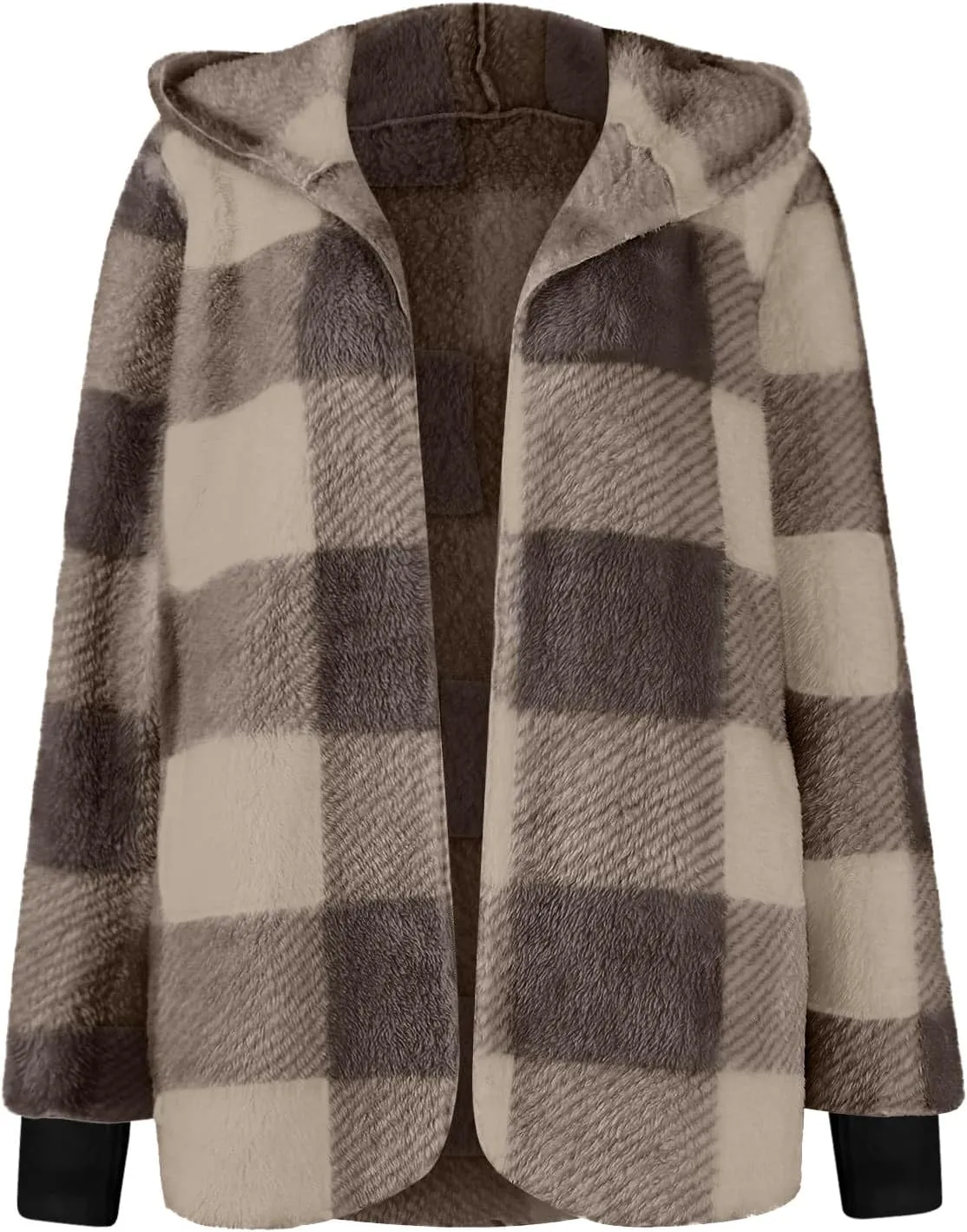 Women's Winter Fuzzy Fleece Fashion Jacket Plaid Sherpa Hooded Cardigan Outerwear Open Front Coat