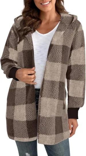 Women's Winter Fuzzy Fleece Fashion Jacket Plaid Sherpa Hooded Cardigan Outerwear Open Front Coat