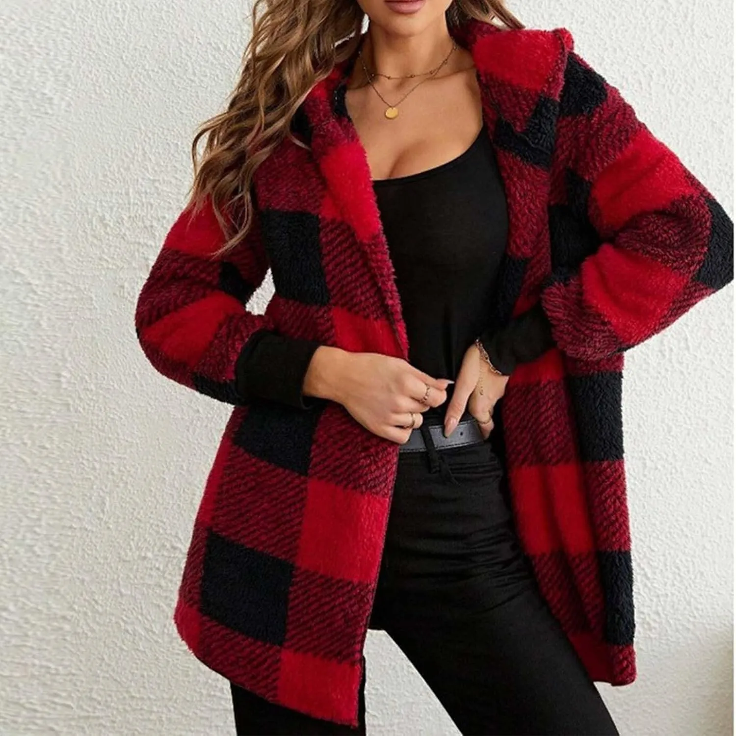 Women's Winter Fuzzy Fleece Fashion Jacket Plaid Sherpa Hooded Cardigan Outerwear Open Front Coat
