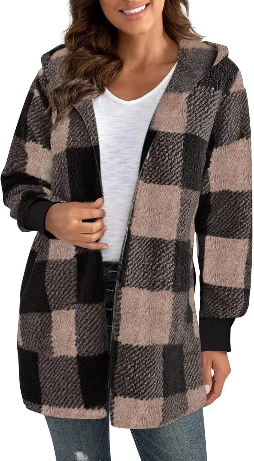 Women's Winter Fuzzy Fleece Fashion Jacket Plaid Sherpa Hooded Cardigan Outerwear Open Front Coat