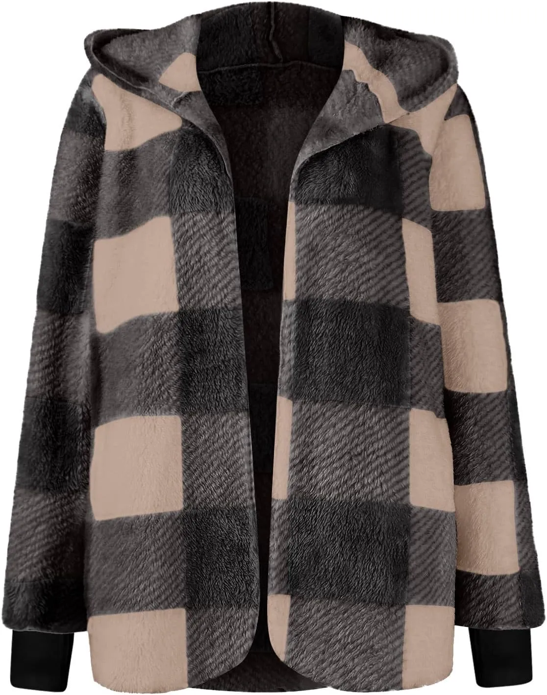 Women's Winter Fuzzy Fleece Fashion Jacket Plaid Sherpa Hooded Cardigan Outerwear Open Front Coat