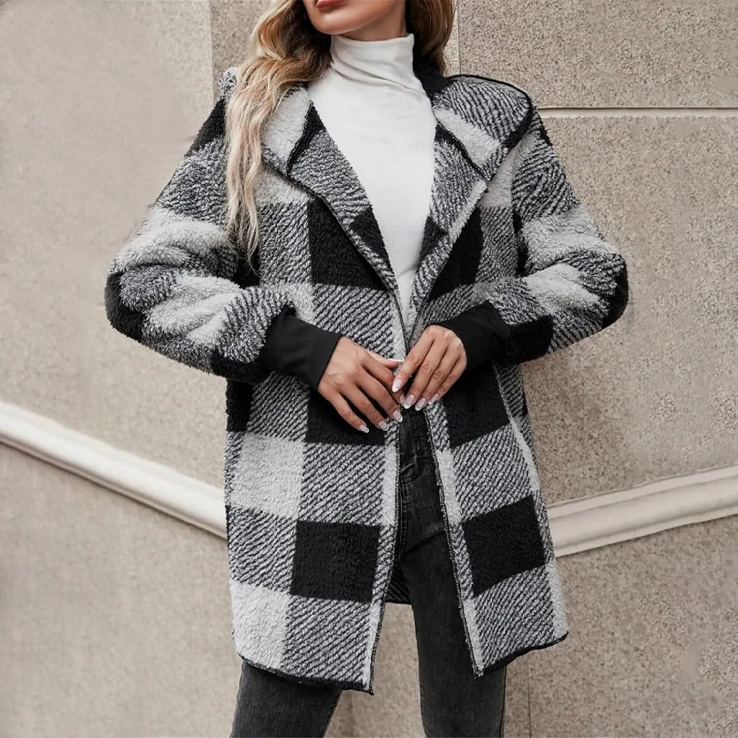 Women's Winter Fuzzy Fleece Fashion Jacket Plaid Sherpa Hooded Cardigan Outerwear Open Front Coat