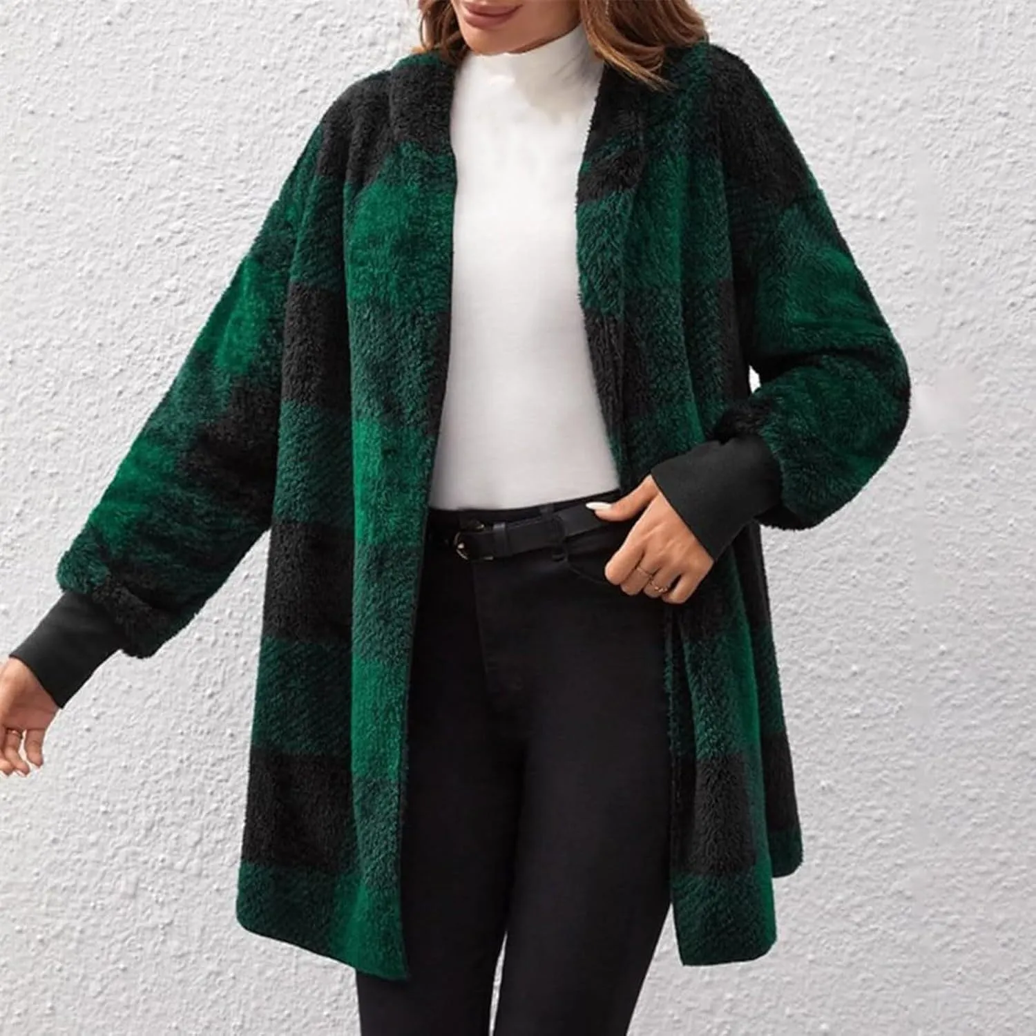 Women's Winter Fuzzy Fleece Fashion Jacket Plaid Sherpa Hooded Cardigan Outerwear Open Front Coat