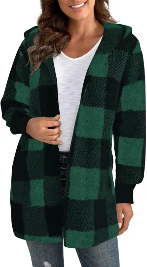 Women's Winter Fuzzy Fleece Fashion Jacket Plaid Sherpa Hooded Cardigan Outerwear Open Front Coat